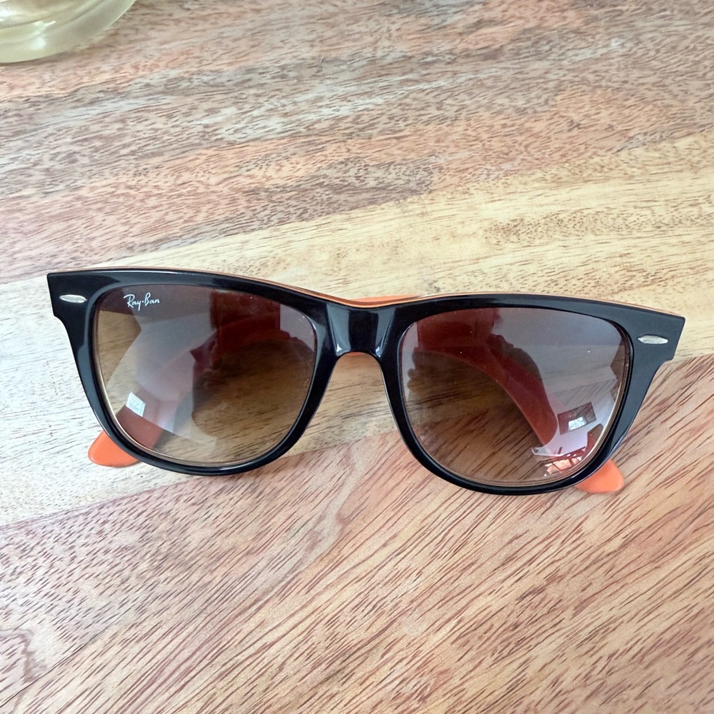 Ray-Ban Black Frame Sunglasses with Orange Temples in original clutch